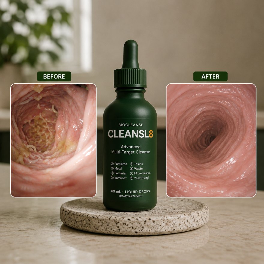 Before and after views of the gut lining either side of the CLEANSL8 bottle