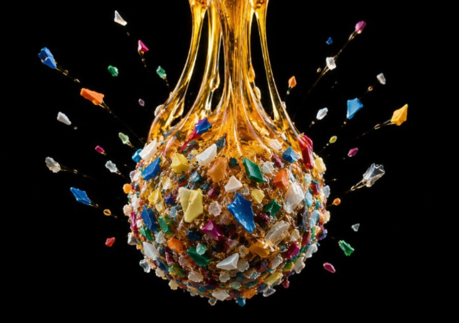 A dense cluster of coloured microplastic fragments bound together and lifted out by a golden binder