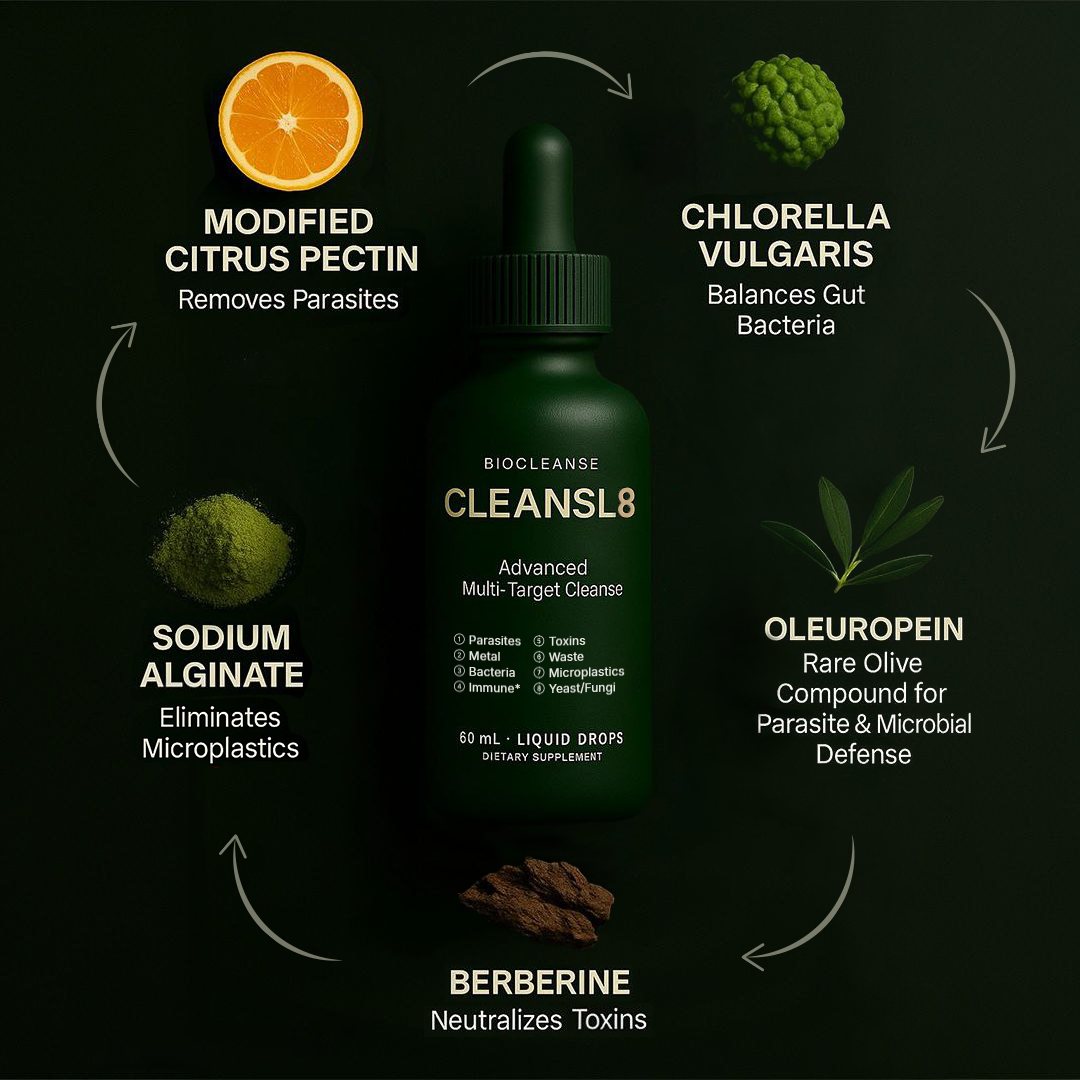 CLEANSL8 key ingredients: Modified Citrus Pectin, Chlorella Vulgaris, Sodium Alginate, Oleuropein and Berberine