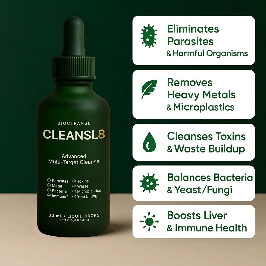 CLEANSL8 bottle with its benefits: eliminates parasites, removes heavy metals and microplastics, cleanses toxins and waste, balances bacteria, boosts liver and immune health