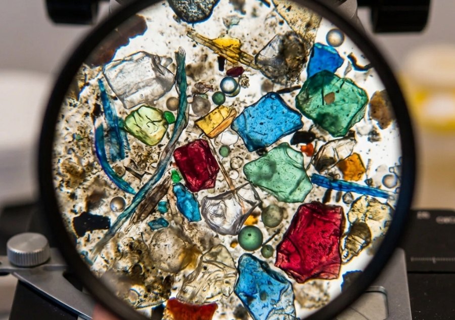 Microplastic fragments seen under a microscope lens - coloured plastic shards and fibres in a sample dish