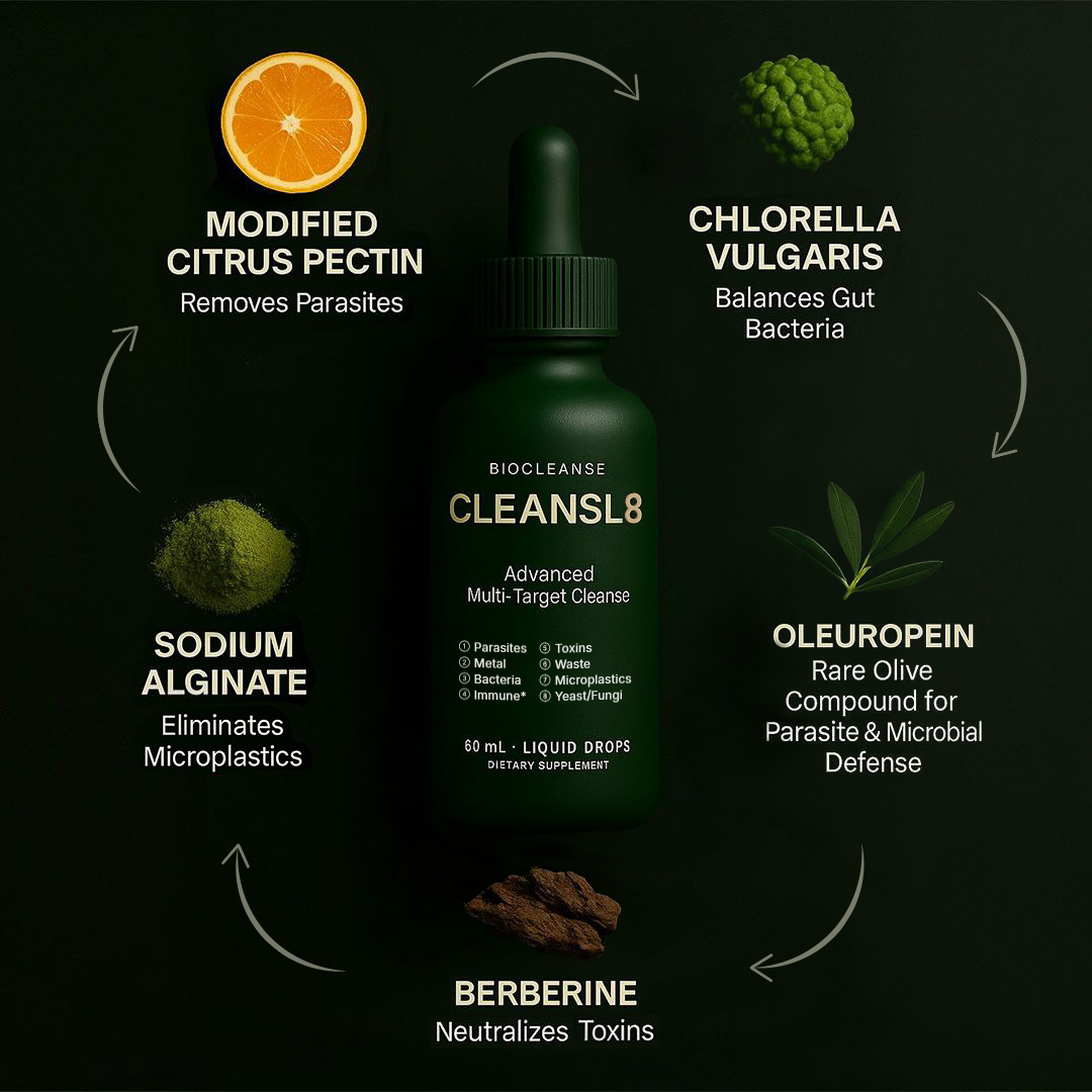 CLEANSL8 key ingredients: Modified Citrus Pectin, Chlorella Vulgaris, Sodium Alginate, Oleuropein and Berberine