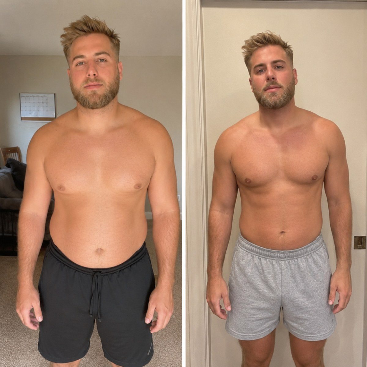 Before and after photos of the same man, showing a visibly flatter, leaner midsection