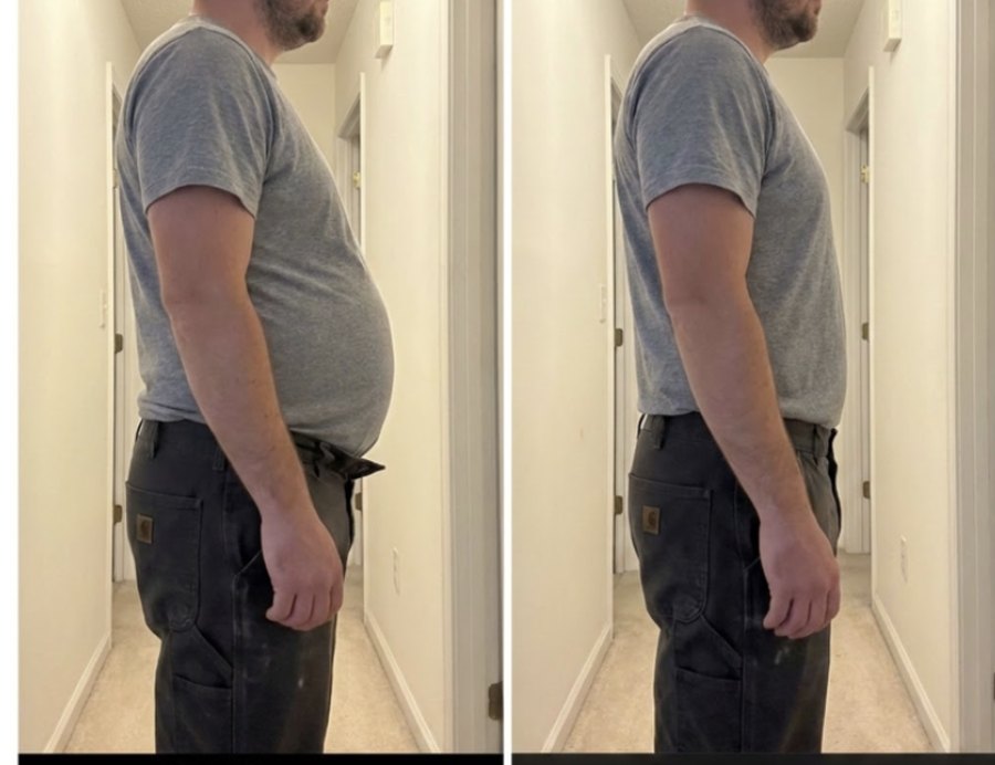 Before and after photo of a man's torso, flatter and leaner after the cleanse