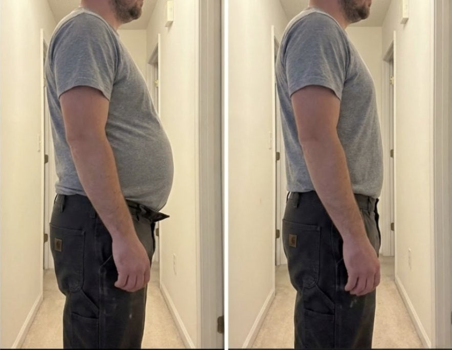 Side profile before and after showing a reduced belly after the cleanse