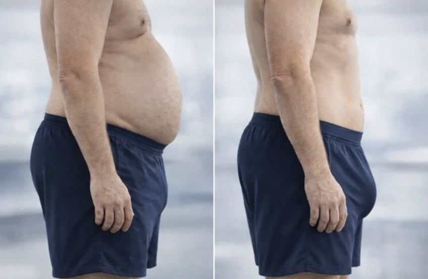 Side profile before and after showing a flatter stomach after the cleanse