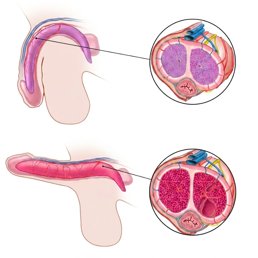 Cross-section diagram comparing restricted and restored blood flow in penile tissue