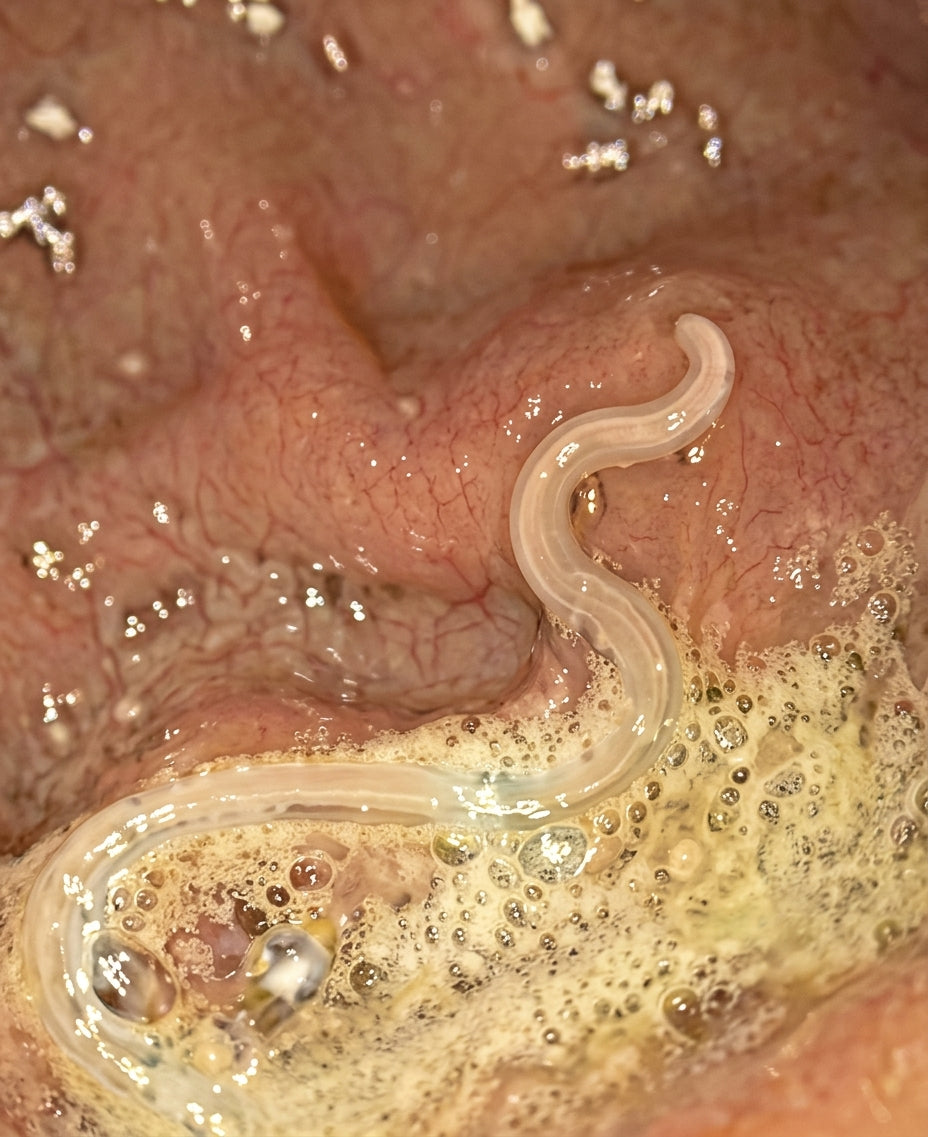 Endoscopy image showing a worm on the gut wall