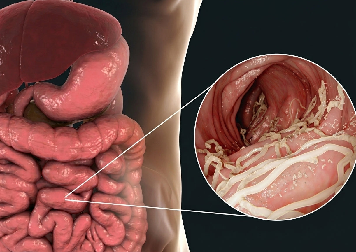 Anatomical illustration of the gut with a magnified view of parasitic worms on the intestinal wall
