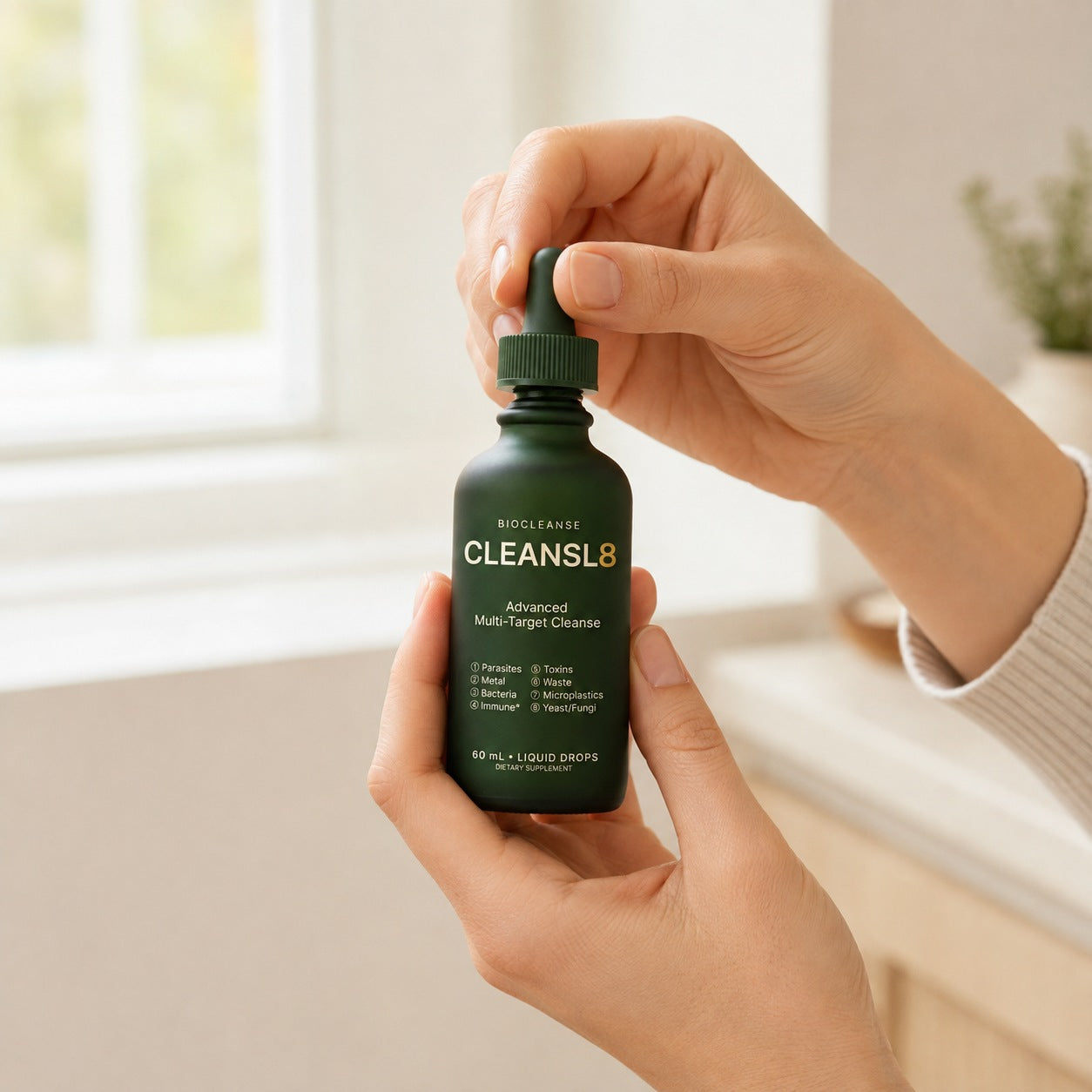 A woman holding the CLEANSL8 Advanced Multi-Target Cleanse bottle, about to open the dropper