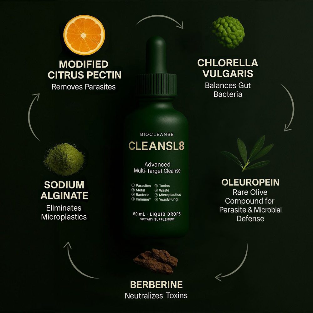 CLEANSL8 key ingredients: Modified Citrus Pectin, Chlorella Vulgaris, Sodium Alginate, Oleuropein and Berberine