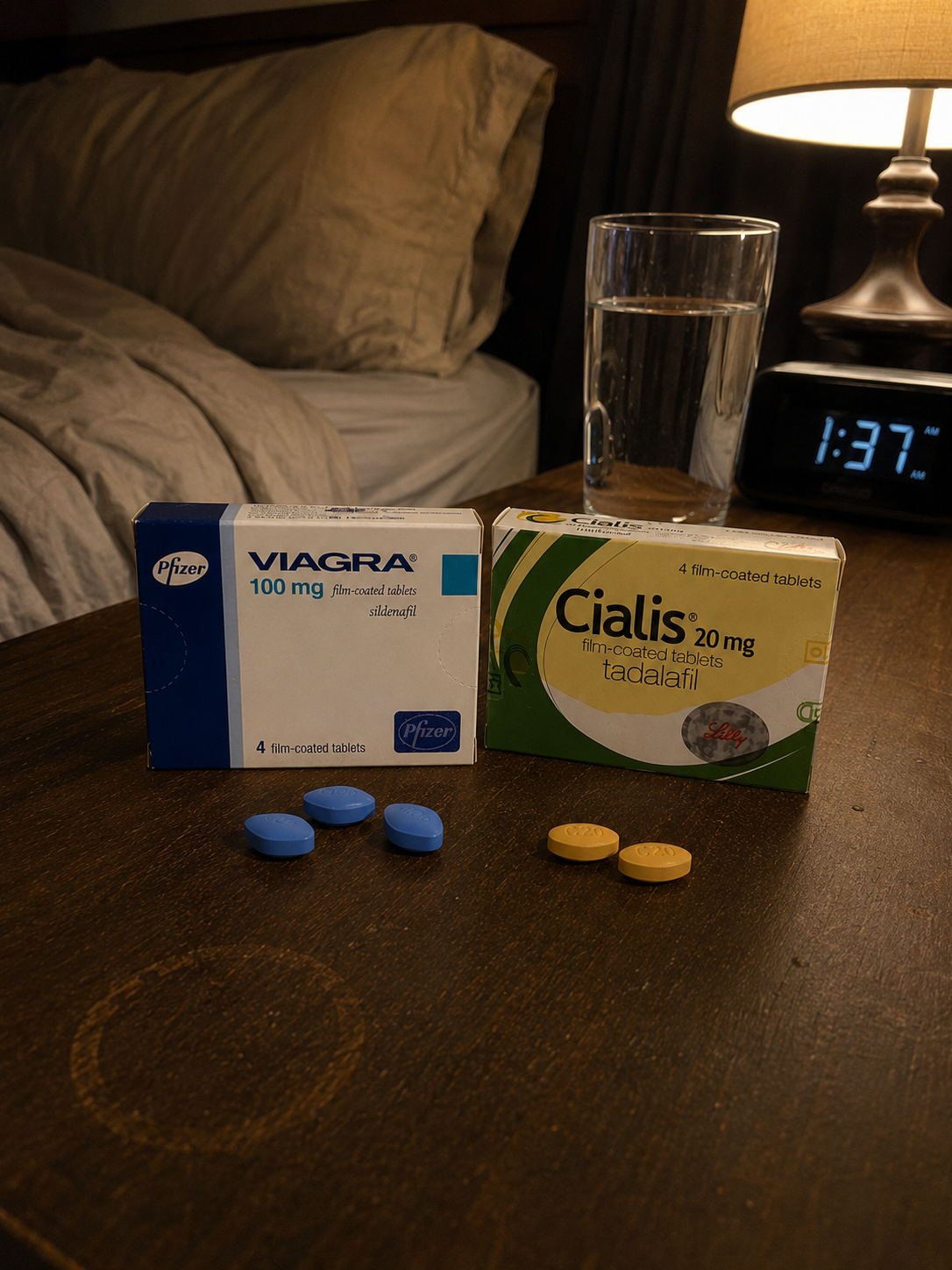 Viagra and Cialis boxes with loose tablets on a bedside table at night