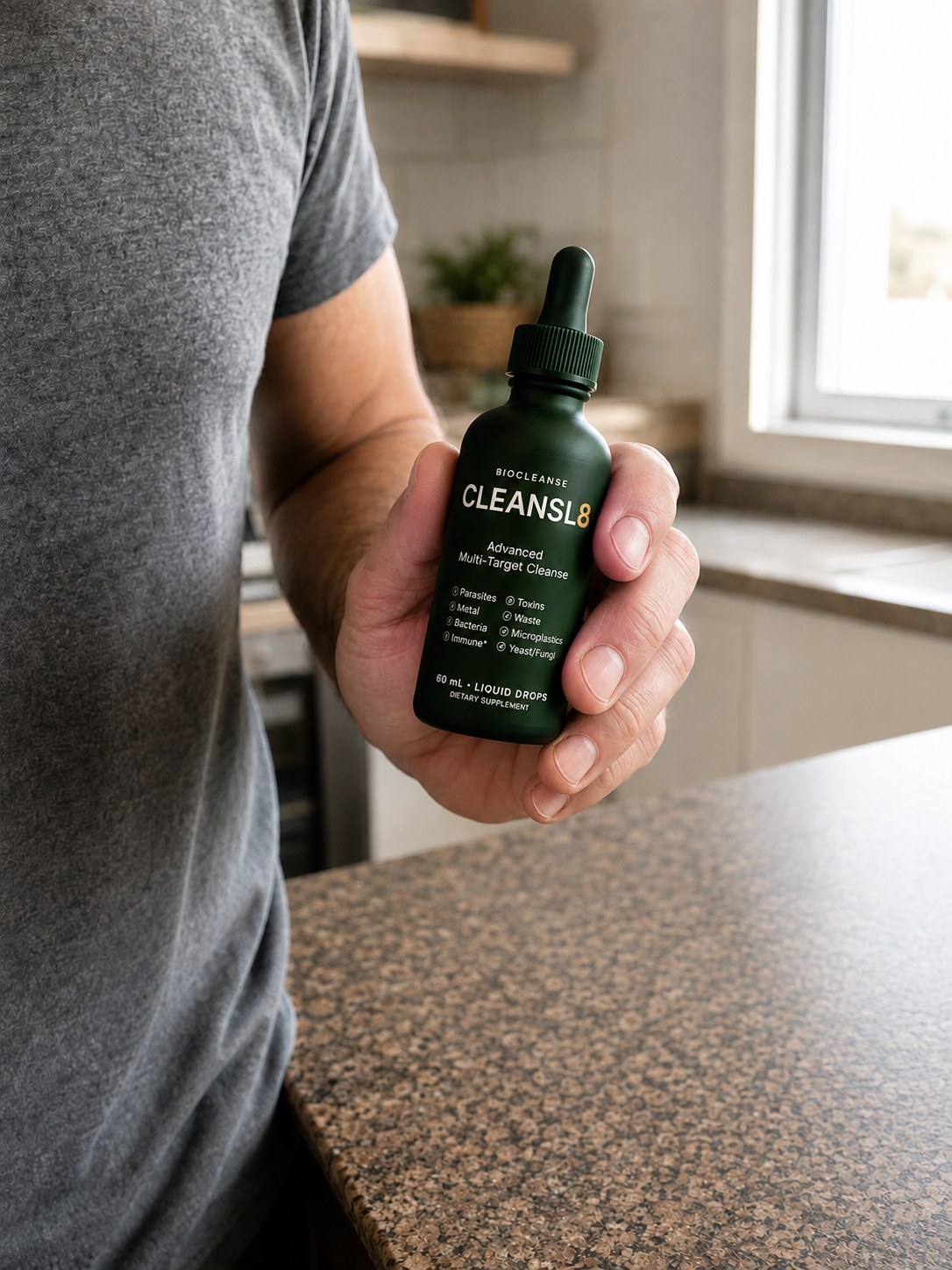 A man holding the CLEANSL8 Advanced Multi-Target Cleanse bottle in a kitchen