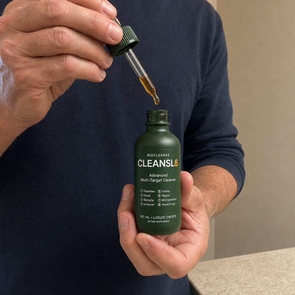 A man holding the CLEANSL8 bottle while a drop falls from the dropper
