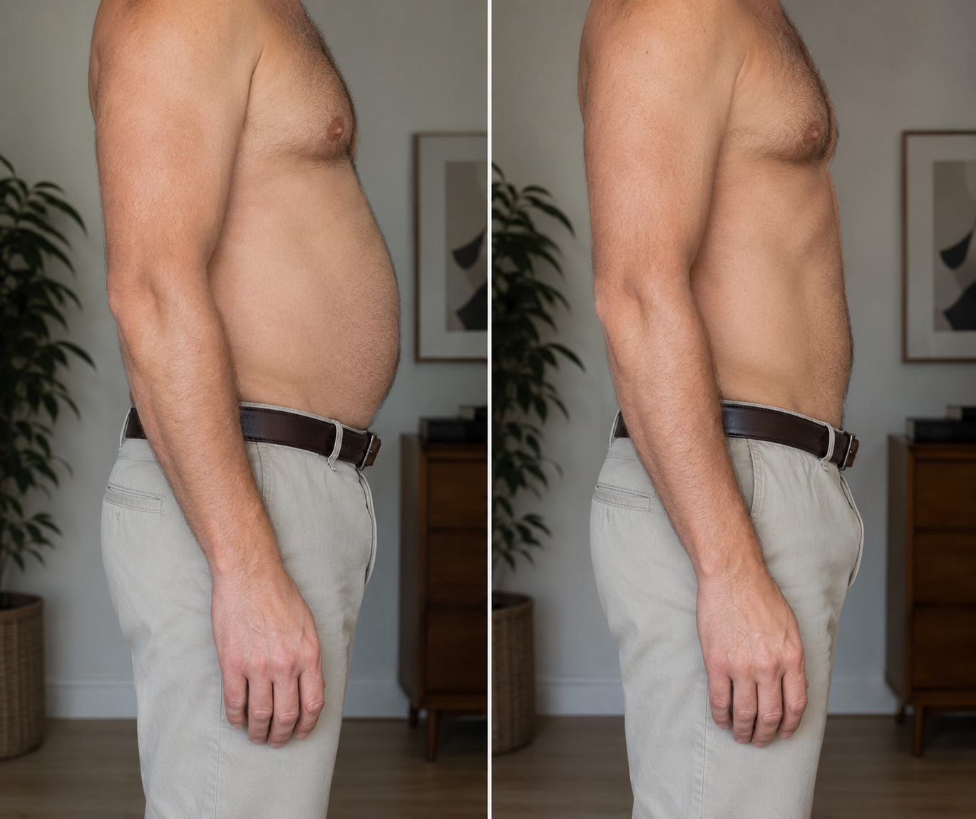 Side profile before and after showing a flatter midsection after the cleanse