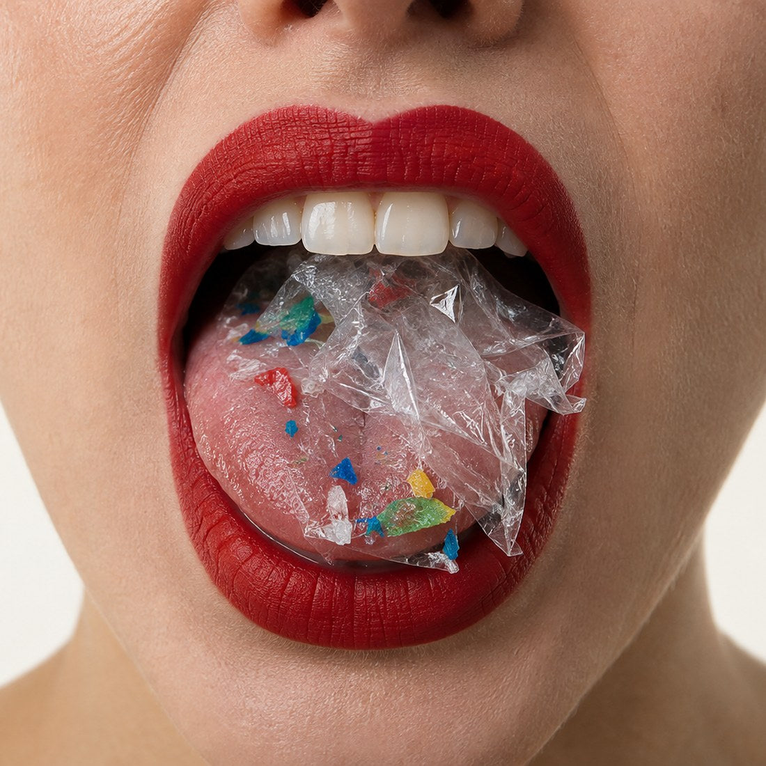 Close up of a woman's open mouth with a crumpled piece of clear plastic film and coloured microplastic fragments on her tongue