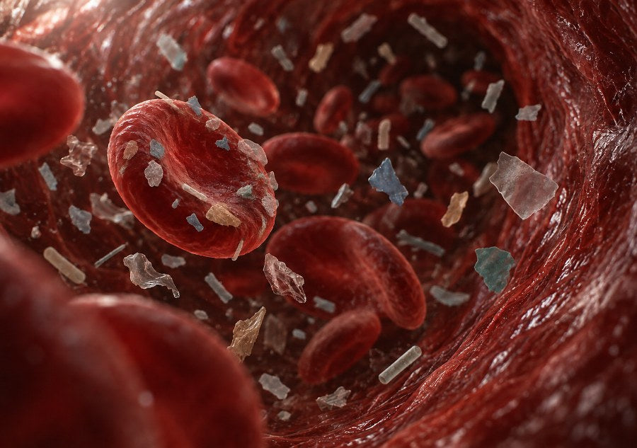 Microplastic fragments circulating in the bloodstream among red blood cells