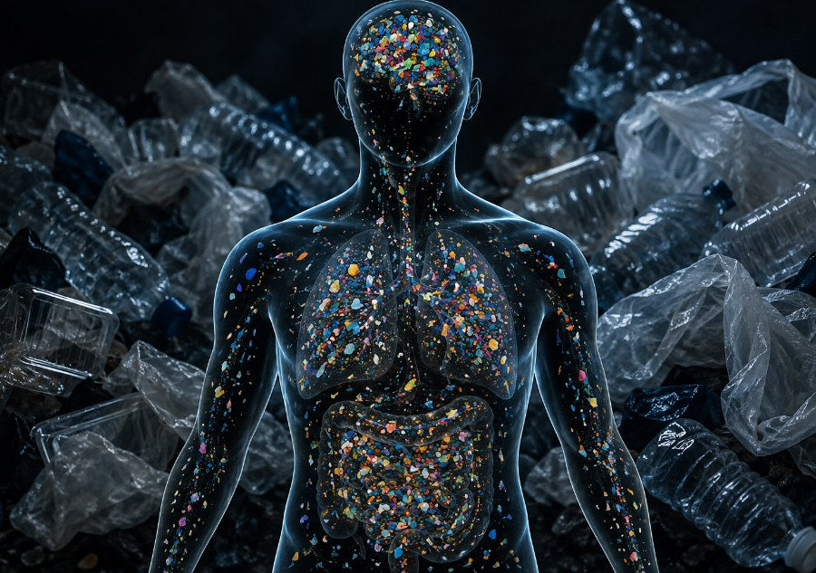 Translucent human body with microplastic particles scattered inside the organs