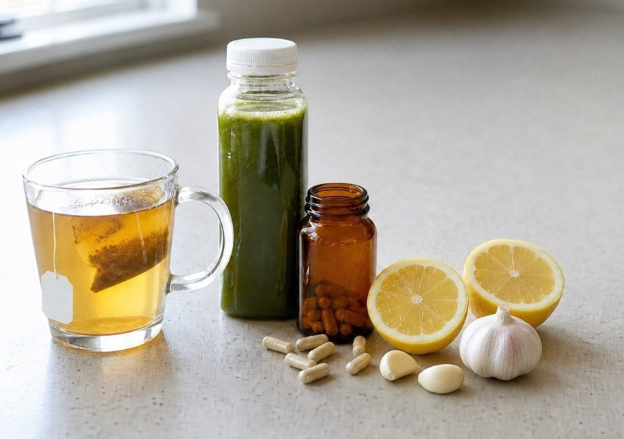 Detox tea, green juice, supplement capsules, lemon and garlic laid out on a counter