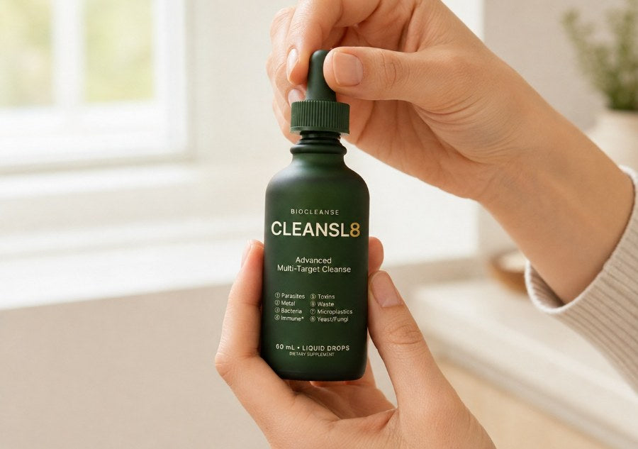 CLEANSL8 Advanced Multi-Target Cleanse liquid drops bottle with its eight benefits