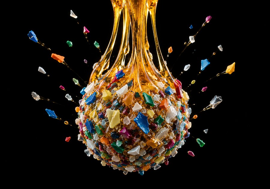 Green seaweed binder strands trapping colorful microplastic fragments into a clump to carry them out