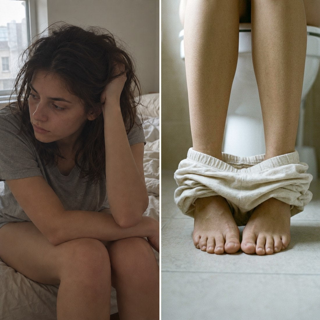 Young woman sitting on the edge of her bed looking drained and low on energy