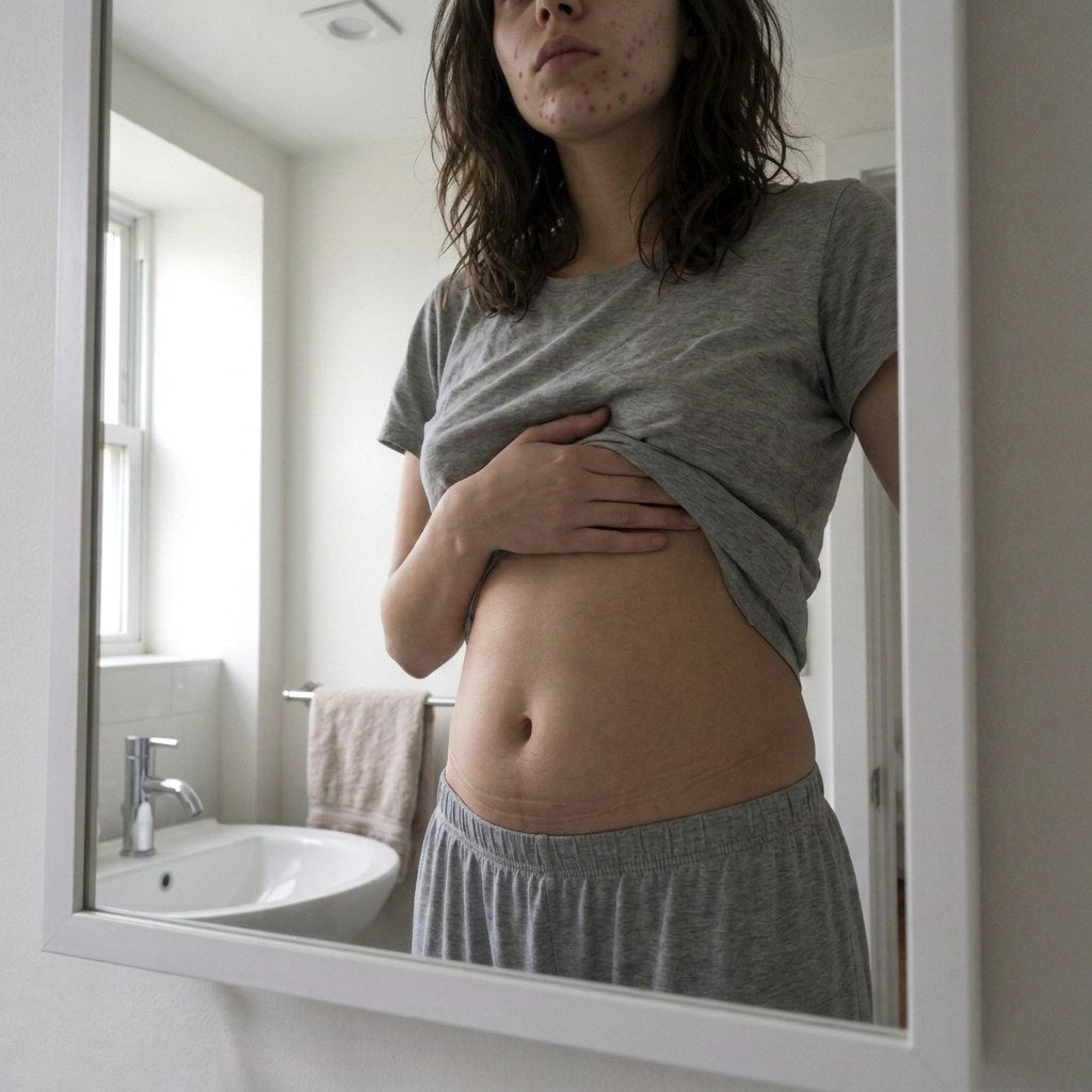 Young woman at the bathroom mirror lifting her shirt to look at her bloated stomach