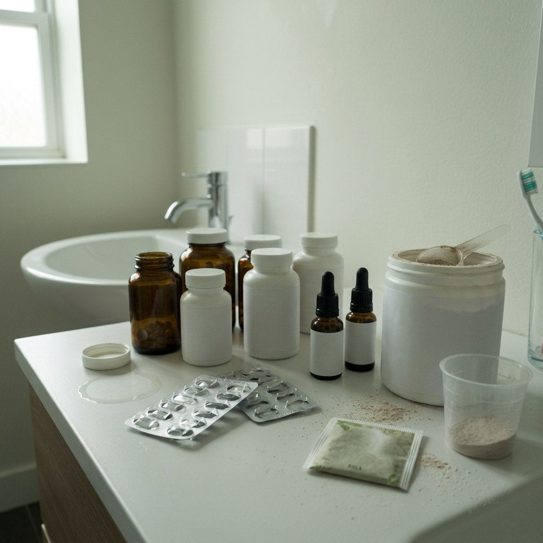A bathroom counter covered in supplement bottles, pill blisters, serums and diet powders