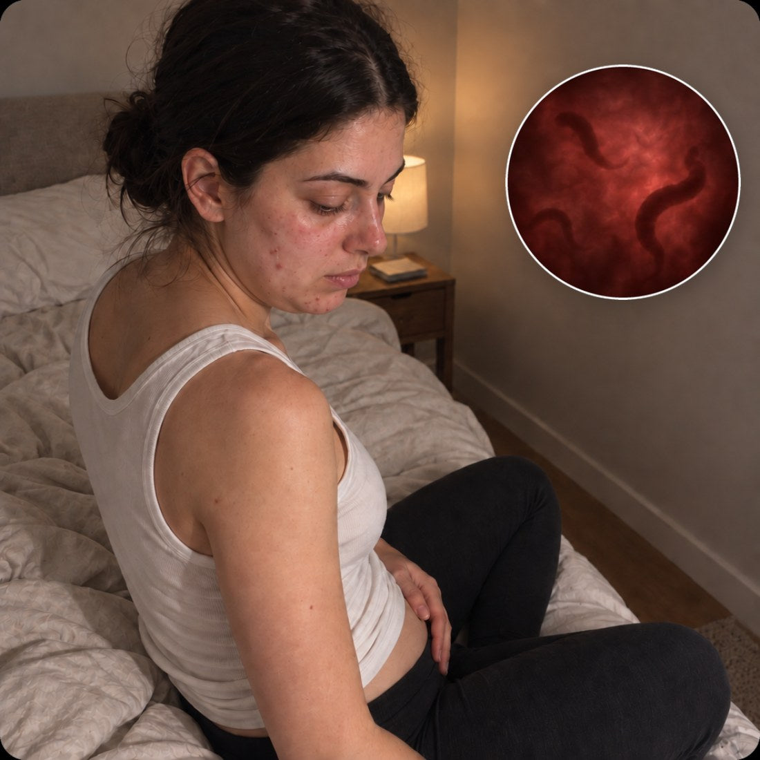The young woman sitting on her bed holding her bloated stomach, with a magnified view of the parasitic worms in her gut