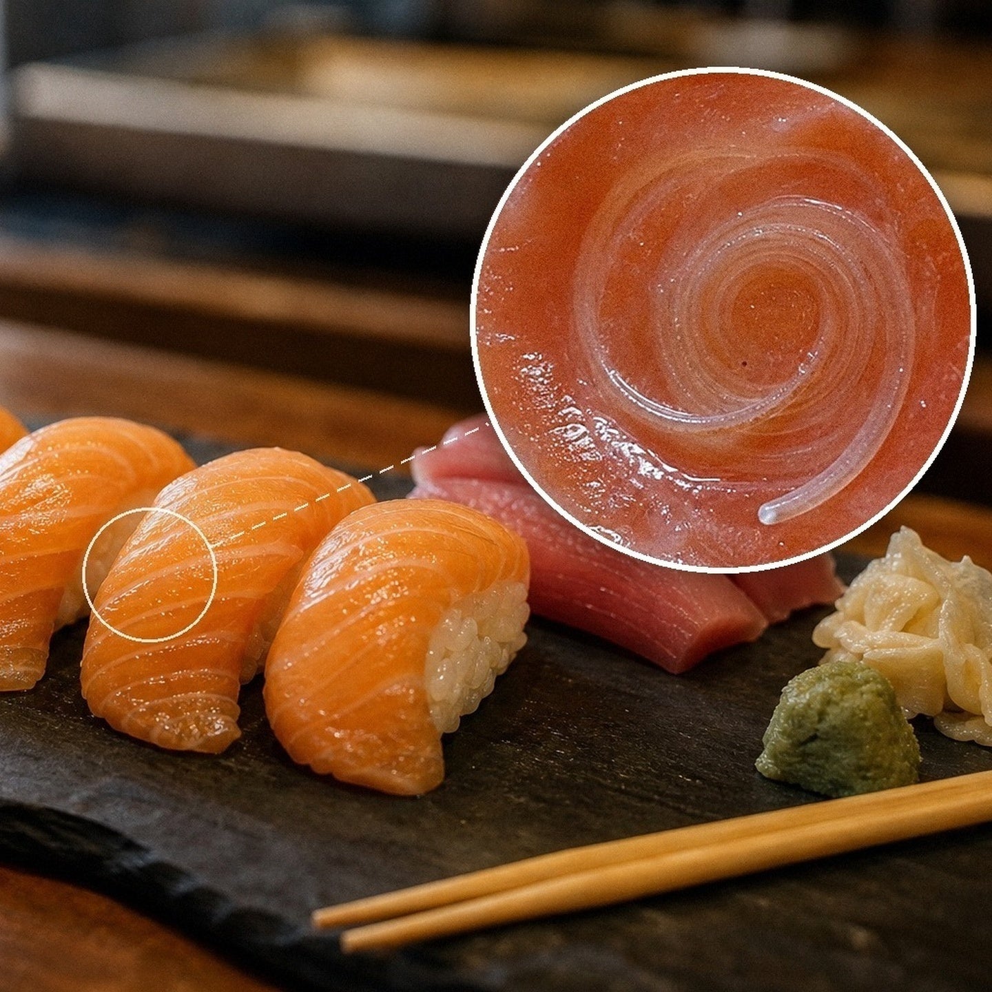 A plate of salmon nigiri; one piece magnified reveals a parasite coiled in the flesh