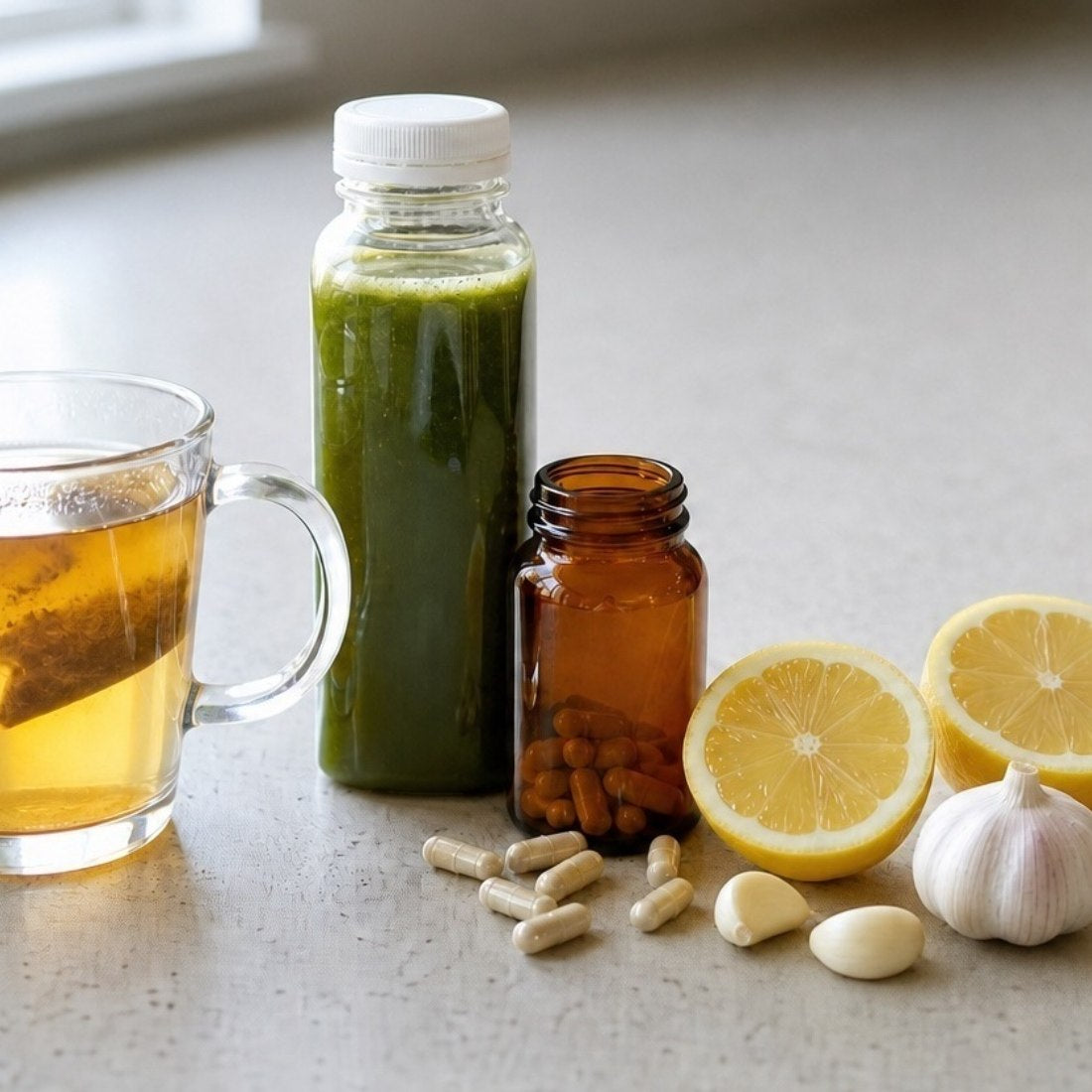 Detox tea, green juice, supplement capsules, lemon and garlic laid out on a kitchen counter