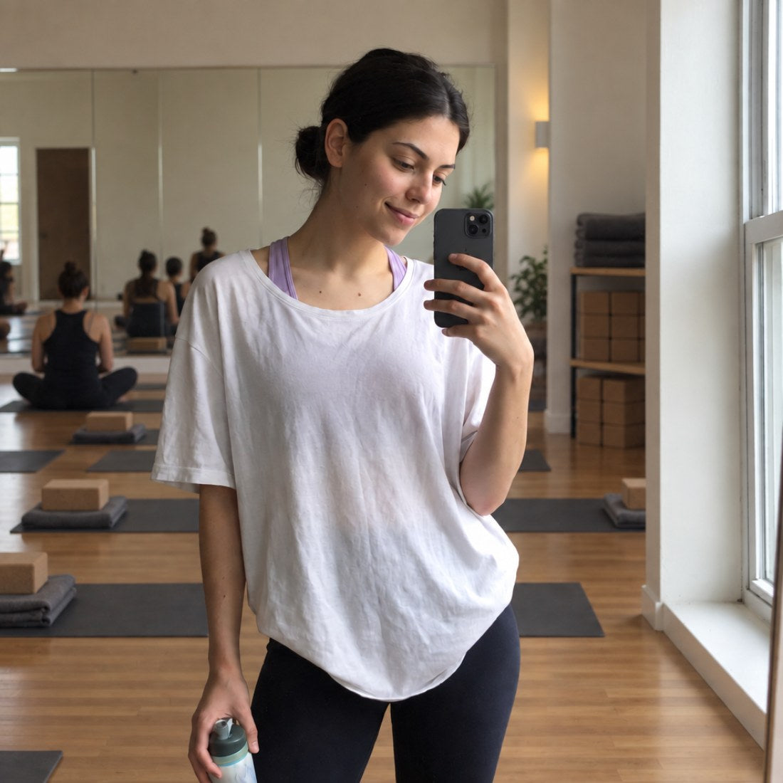 The same young woman taking a mirror selfie, looking well, her stomach flat and her skin clear