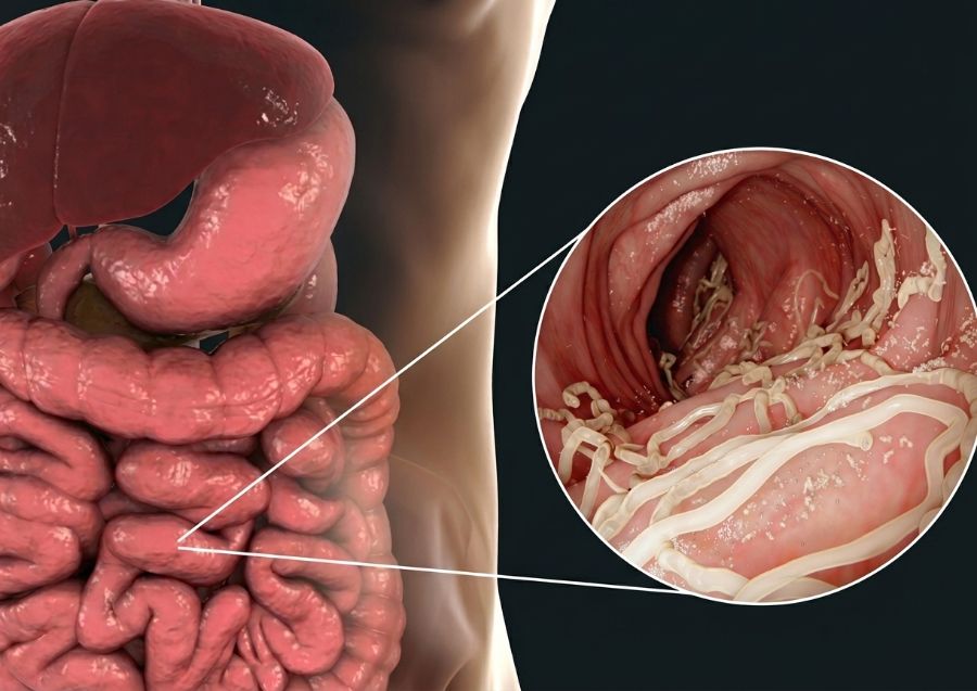 Anatomical illustration of the gut with a magnified view of parasitic worms on the intestinal wall