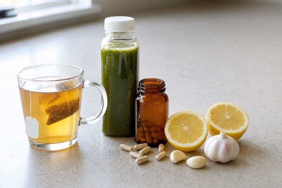 Detox tea, a green juice, supplement capsules, lemon and garlic on a kitchen counter