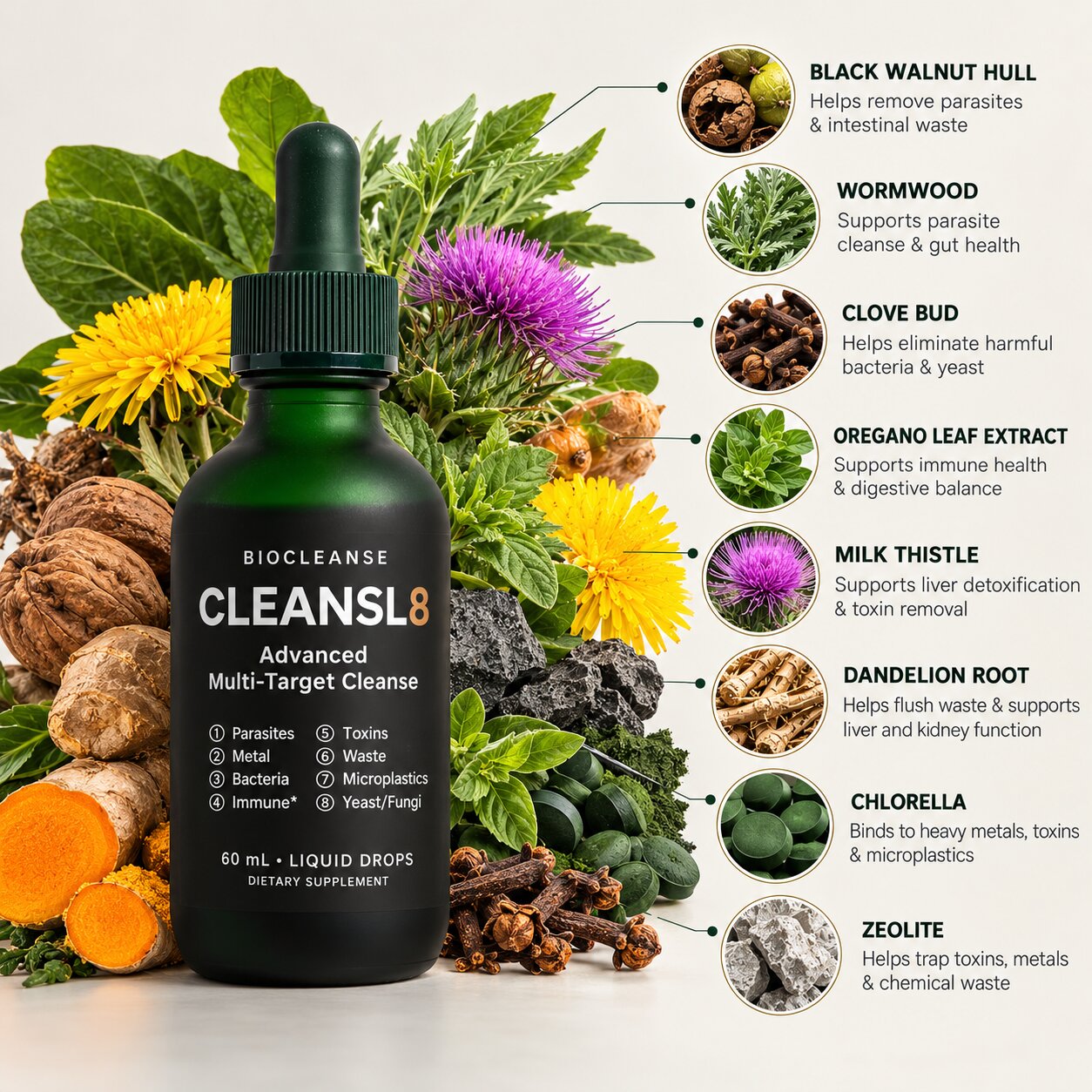 The CLEANSL8 bottle surrounded by its botanical ingredients