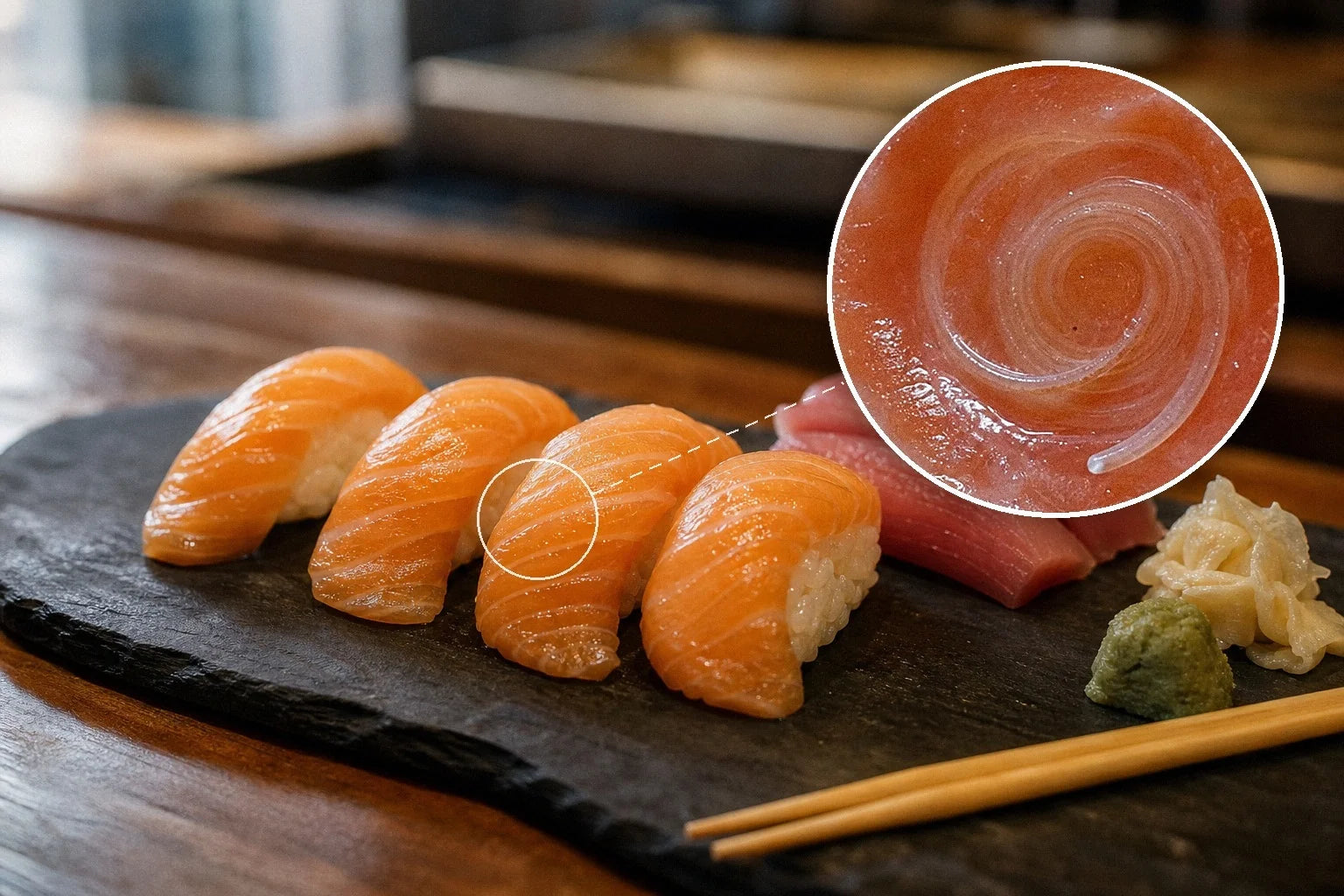 Salmon nigiri with a close-up showing a coiled parasitic worm in the fish