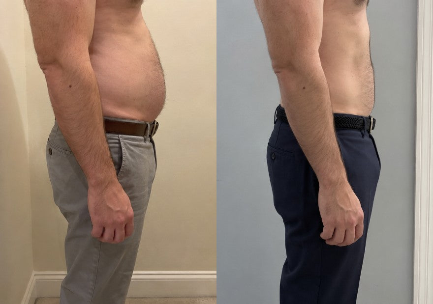 Brian K. before and after the cleanse, the bloating gone and the waistline flat