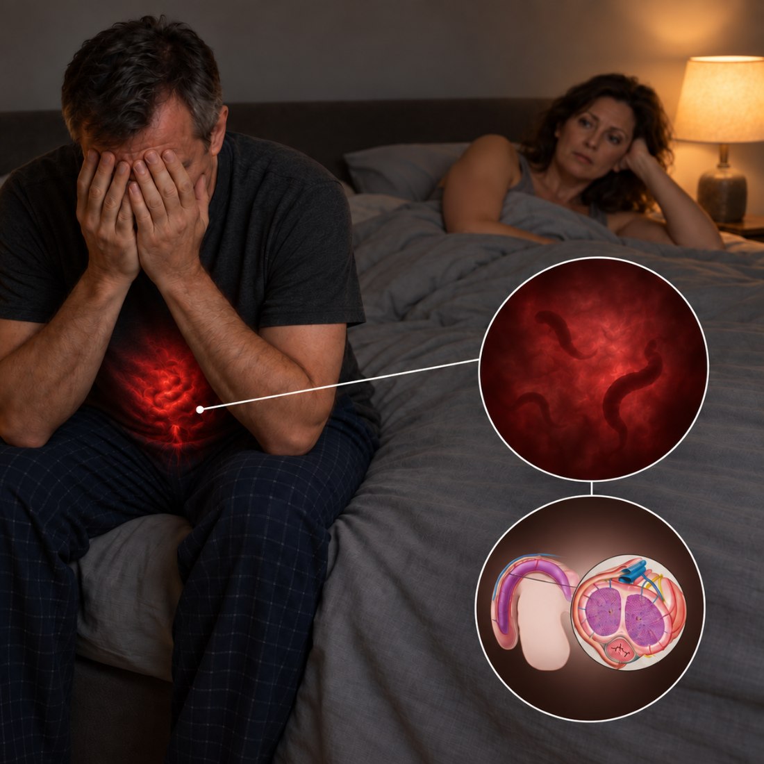 A man sitting on the edge of the bed at night with his head in his hands and an inflamed red glow inside his gut, his wife awake behind him, with magnified insets showing parasites in the gut tissue and the affected penile anatomy
