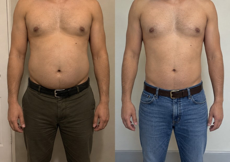 Derek H. before and after the cleanse, bloating gone and the waistline flat