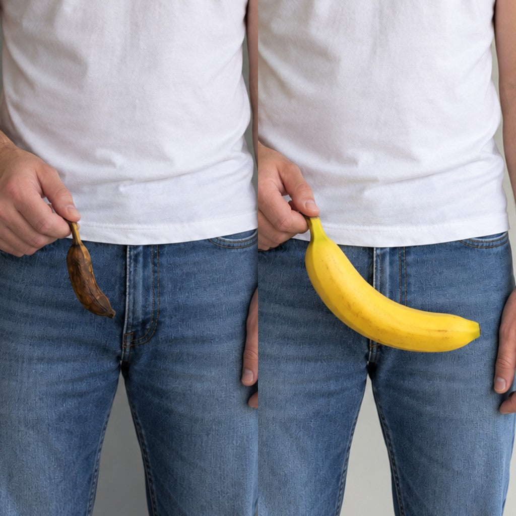 A small shrivelled banana beside a large firm one, held at waist level for comparison
