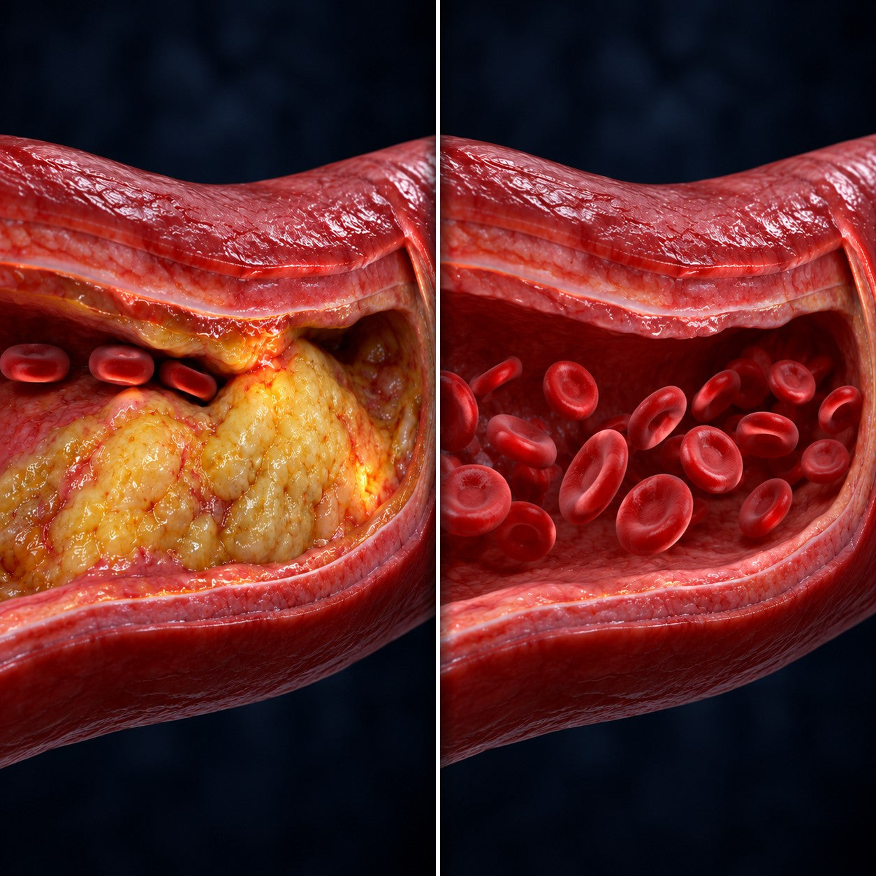 Cross-section comparison of a blood vessel blocked by plaque beside a clear vessel with red blood cells flowing freely