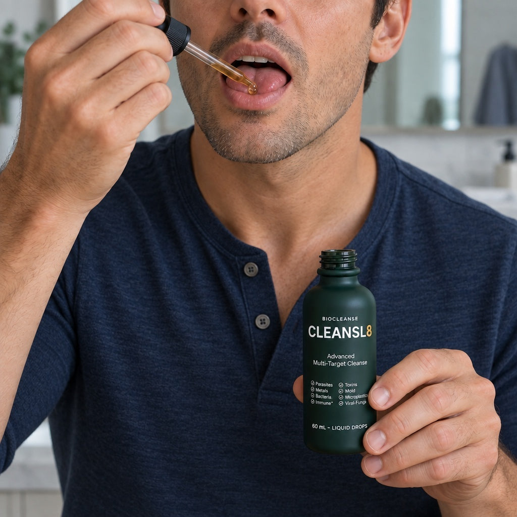 A person taking CLEANSL8 drops under the tongue while holding the bottle