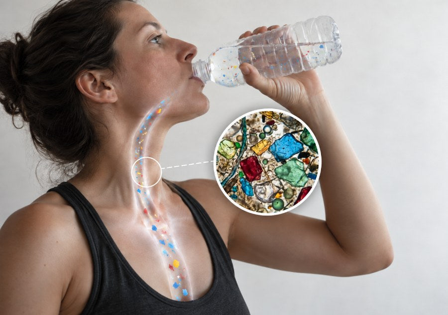 A woman drinking from a plastic bottle with microplastic particles visible travelling down her esophagus, with a magnified circle showing the fragments under a microscope